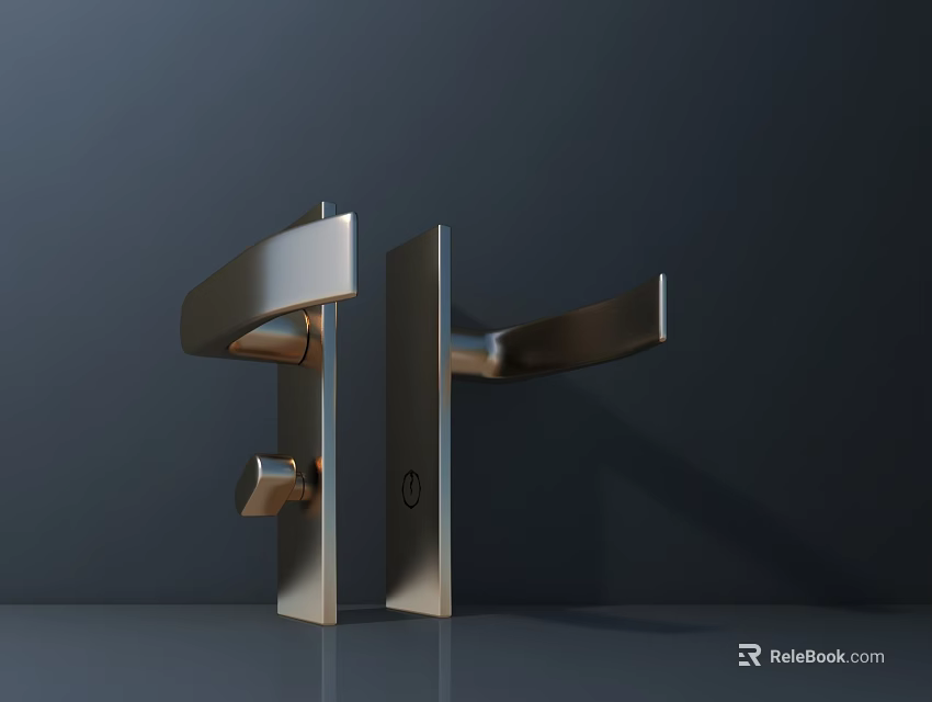 Two Elegant Modern Metal Door Handles With Curved Design In Dark Background 3d model 