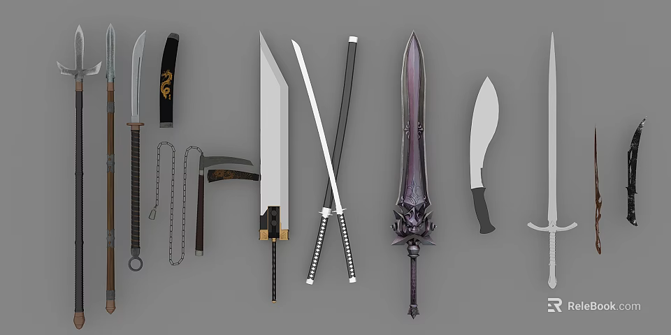 Various Traditional And Modern Weapons Collection Featuring Swords Knives And Decorative Blades 3d model 