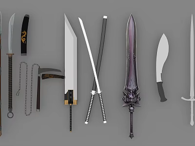 Various Traditional And Modern Weapons Collection Featuring Swords Knives And Decorative Blades 3d model