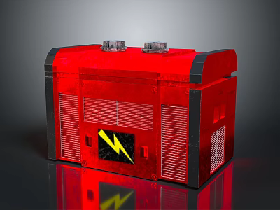 Red Device With Yellow Lightning Symbol And Ventilation Grilles On Reflective Surface 3d model