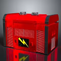 Red Device With Yellow Lightning Symbol And Ventilation Grilles On Reflective Surface 3d model