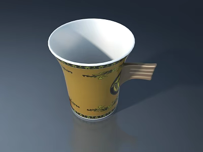 Yellow Ceramic Mug With White Interior And Decorative Patterns On Surface 3d model