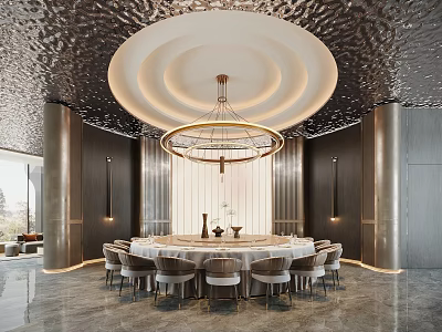 Luxurious Modern Private Dining Room Interior With Round Table Chandelier And Ceiling Design 3d model