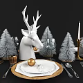 Elegant White Dinnerware Set With Gold Accents Cutlery Glassware And Decorative Figurines