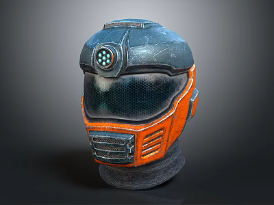 Blue and Orange Mechanical Helmet with Headlight Transparent Visor and Industrial Design 3d model