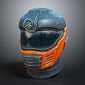 Blue and Orange Mechanical Helmet with Headlight Transparent Visor and Industrial Design