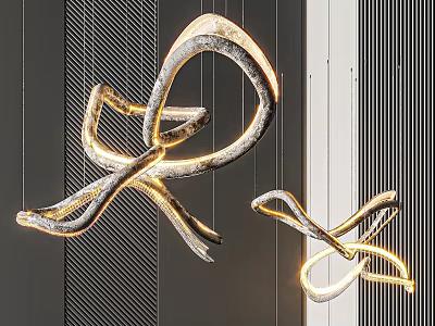 Modern Abstract Curved Metal Pendant Lights With Warm LED Glow On Dark Striped Wall 3d model