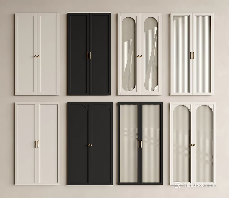 Various Style Wardrobe Doors With White Black Arched Vertical Stripe Glass Panel And Metal Handles 3d model 