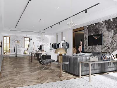 Modern Clothing Store Interior with Mannequins and Comfortable Seating Area 3d model