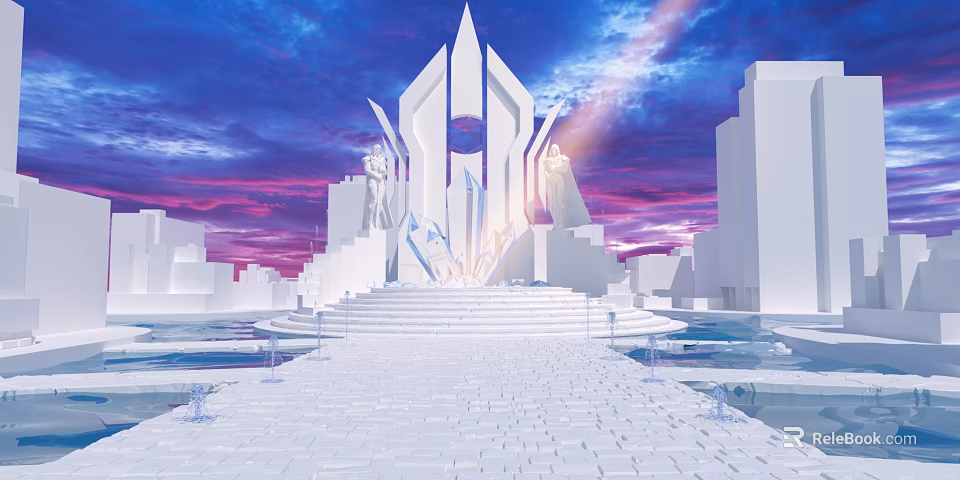 Grand White Spire Building With Stone Steps And Vibrant Purple Blue Sky Over Water 3d model 