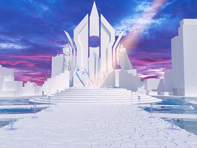 Grand White Spire Building With Stone Steps And Vibrant Purple Blue Sky Over Water 3d model