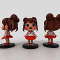 Cartoon Girl Decorative Ornament Set With Double Bun Hairstyle White Top Red Skirt Black Base