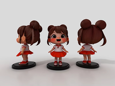 Cartoon Girl Decorative Ornament Set With Double Bun Hairstyle White Top Red Skirt Black Base 3d model