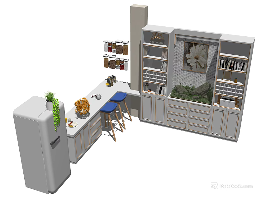 Modern Bar Counter With Blue Stools Cabinets Shelves Refrigerator And Plants 3d model 
