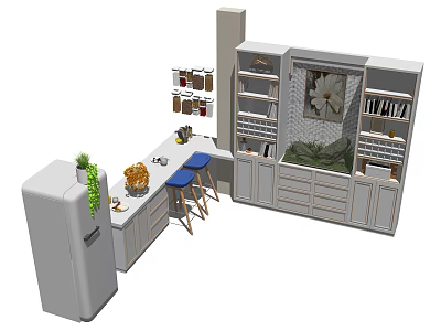 Modern Bar Counter With Blue Stools Cabinets Shelves Refrigerator And Plants 3d model