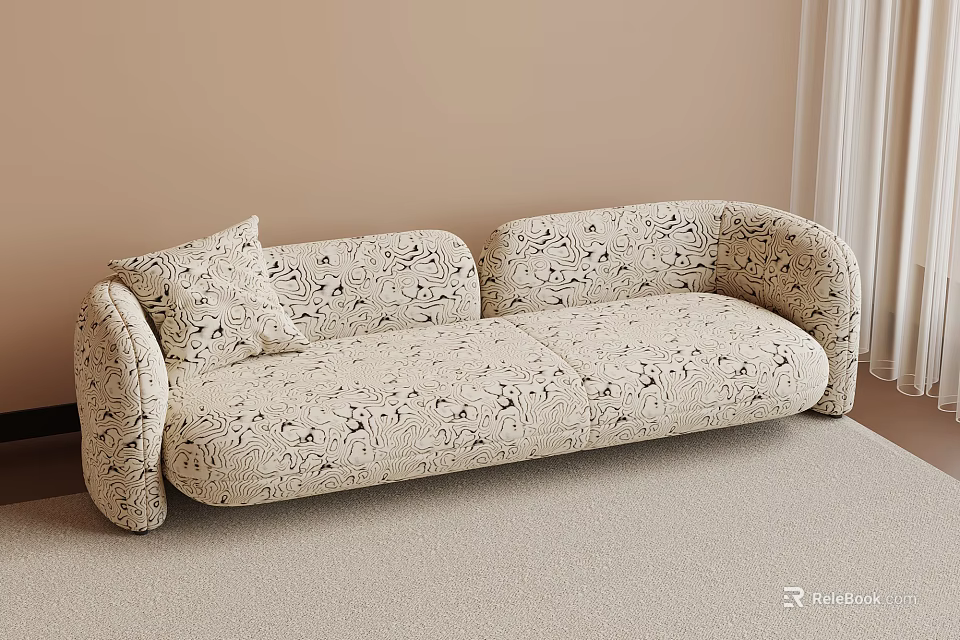 Cream Colored Two Seater Sofa With Floral Pattern And Curved Armrests In Light Room 3d model 