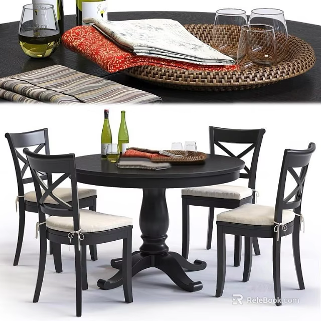 Round Black Dining Table Set With White Cushion Chairs And Wine Glasses 3d model 