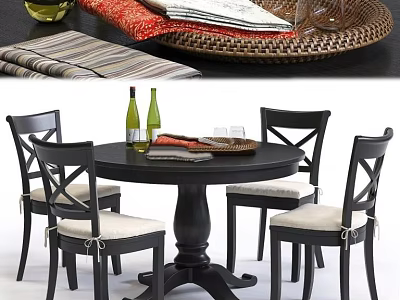 Round Black Dining Table Set With White Cushion Chairs And Wine Glasses 3d model