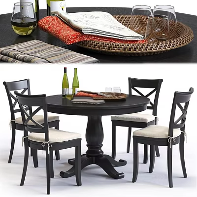 Round Black Dining Table Set With White Cushion Chairs And Wine Glasses 3d model