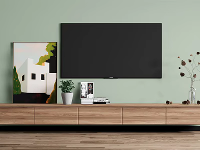 Wooden TV Stand With Flat Screen TV Painting Plant Books Vase And Light Green Wall 3d model