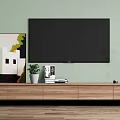 Wooden TV Stand With Flat Screen TV Painting Plant Books Vase And Light Green Wall