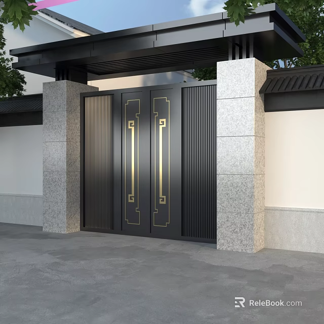 Modern Building Exterior Wall Featuring Black Metal Gate With Golden Accents And Stone Pillars 3d model 