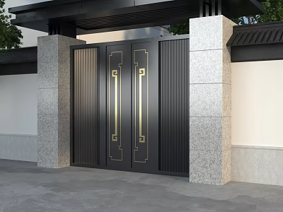 Modern Building Exterior Wall Featuring Black Metal Gate With Golden Accents And Stone Pillars 3d model