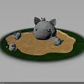 Large Gray Cat With Small Kittens Playing On Sandy Area Surrounded By Green Grass 3d model