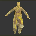 3D Character Design Of Humanoid Creature In Purple Yellow Traditional Costume With Open Arms