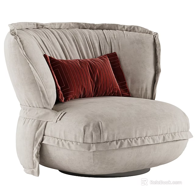 Elegant Light Gray Velvet Single Sofa With Pleated Design And Red Velvet Cushions 3d model 