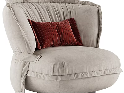 Elegant Light Gray Velvet Single Sofa With Pleated Design And Red Velvet Cushions 3d model