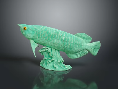 Green Fish Sculpture With Detailed Scales Yellow Eyes And Wave Base Design 3d model