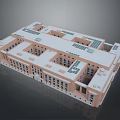 Modern Architectural Building Exterior With Multiple Floors Flat Roof Skylights Brown Walls And Numerous Windows