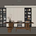 Modern Study Room Interior Design With Wooden Long Table Bookshelves And Branch Vase