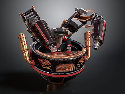 Ornate Decorative Bowl With Central Miniature Figure Mechanical Arms Red Gold Decorations And Intricate Patterns 3d model