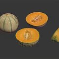 Whole and Cut Open Cantaloupe with Orange Flesh and Seed Sections on Black Surface
