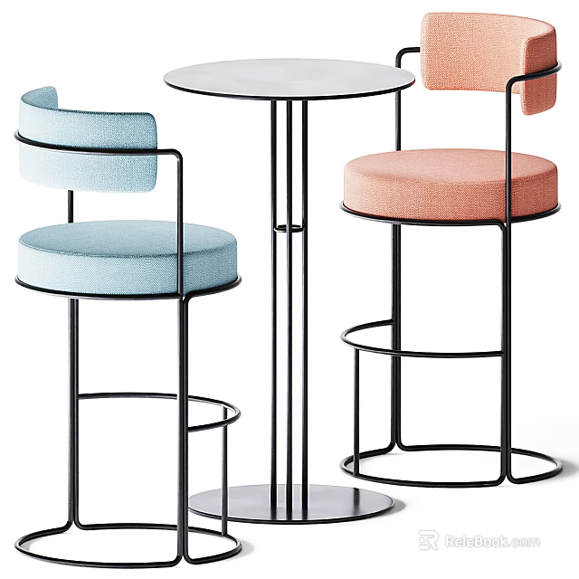 Modern Bar Counter Design With Upholstered Stools Light Blue Pink Seats And Metal Frames 3d model 