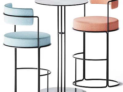 Modern Bar Counter Design With Upholstered Stools Light Blue Pink Seats And Metal Frames 3d model