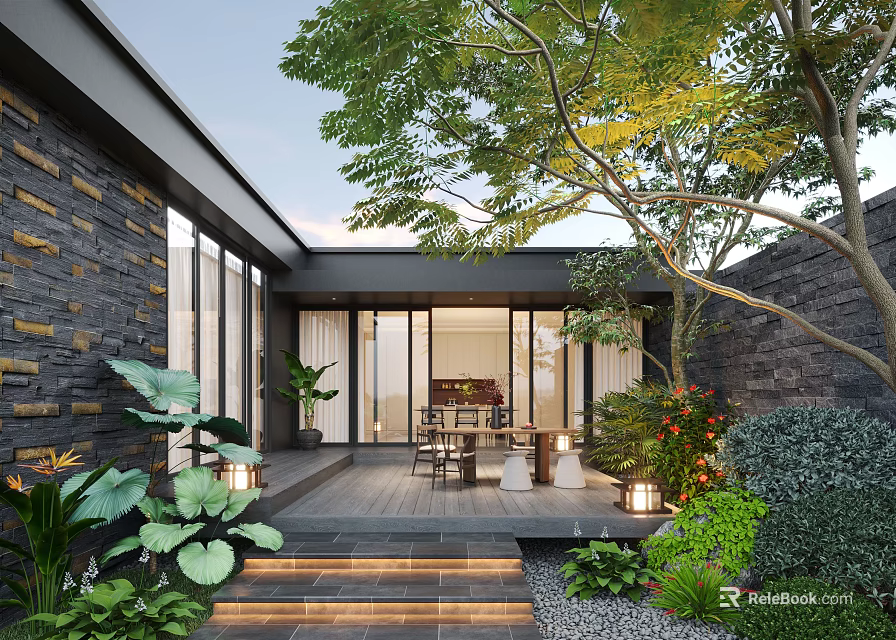 Modern Courtyard Garden With Outdoor Furniture Greenery Stone Walls And Warm Lighting 3d model 