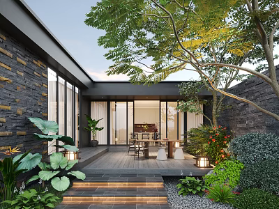 Modern Courtyard Garden With Outdoor Furniture Greenery Stone Walls And Warm Lighting 3d model
