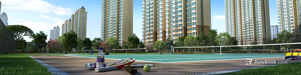Tennis Court With Tall Residential Buildings People Playing Tennis Foreground Rackets Ball Water Bottle 3d model 