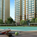 Tennis Court With Tall Residential Buildings People Playing Tennis Foreground Rackets Ball Water Bottle