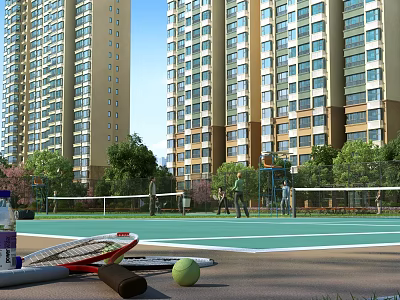 Tennis Court With Tall Residential Buildings People Playing Tennis Foreground Rackets Ball Water Bottle 3d model