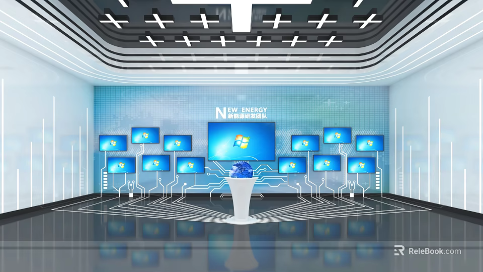 New Energy Exhibition Hall Featuring Multiple Screens Blue Globe White Pedestal And Circuit Elements 3d model 