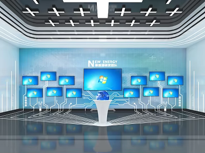 New Energy Exhibition Hall Featuring Multiple Screens Blue Globe White Pedestal And Circuit Elements 3d model