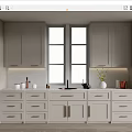 Modern Gray Kitchen Interior With Stylish Cabinets Countertop Drawers And Windows
