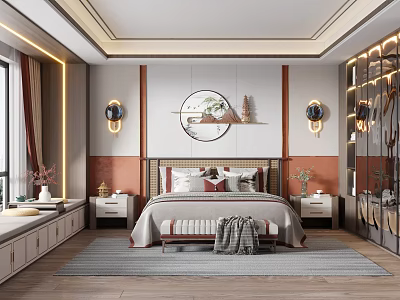 Chinese Style Bedroom Interior Design With Circular Decor Wall Lamps Nightstands And Rug 3d model