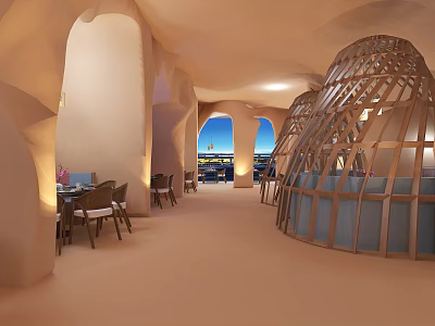 Cave Style Restaurant Interior Featuring Wooden Dome Arched Windows Tables Chairs And Warm Tones 3d model