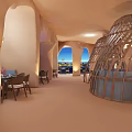 Cave Style Restaurant Interior Featuring Wooden Dome Arched Windows Tables Chairs And Warm Tones