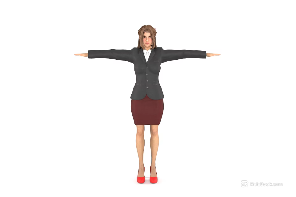 Woman in Black Blazer and Red Skirt with Red High Heels Arms Outstretched 3d model 